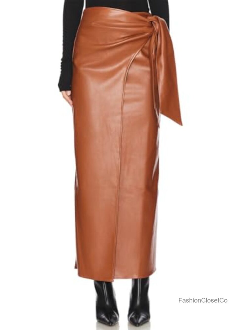 Faux Leather Wrap Midi Skirt with Side Slit Elegant Formal